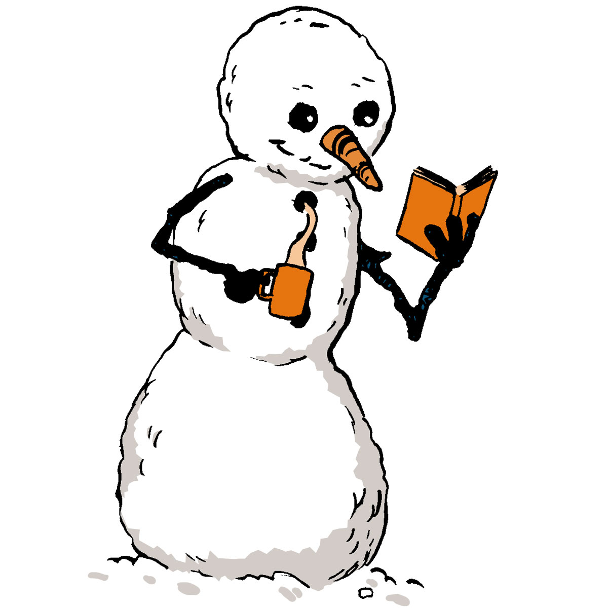 a snowman reading a comic and enjoying a warm beverage