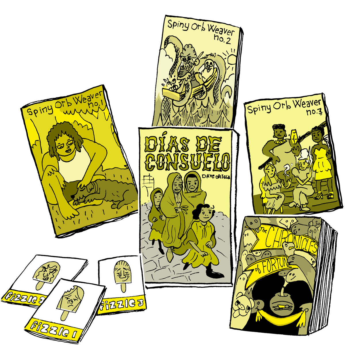 drawings of several comics and books published by Radiator Comics