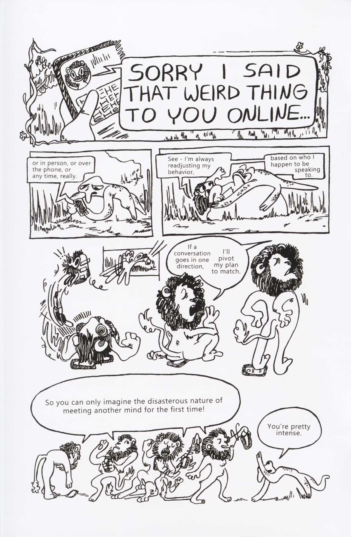a page of one of pip's comics, showing a frantic conversation between too characters